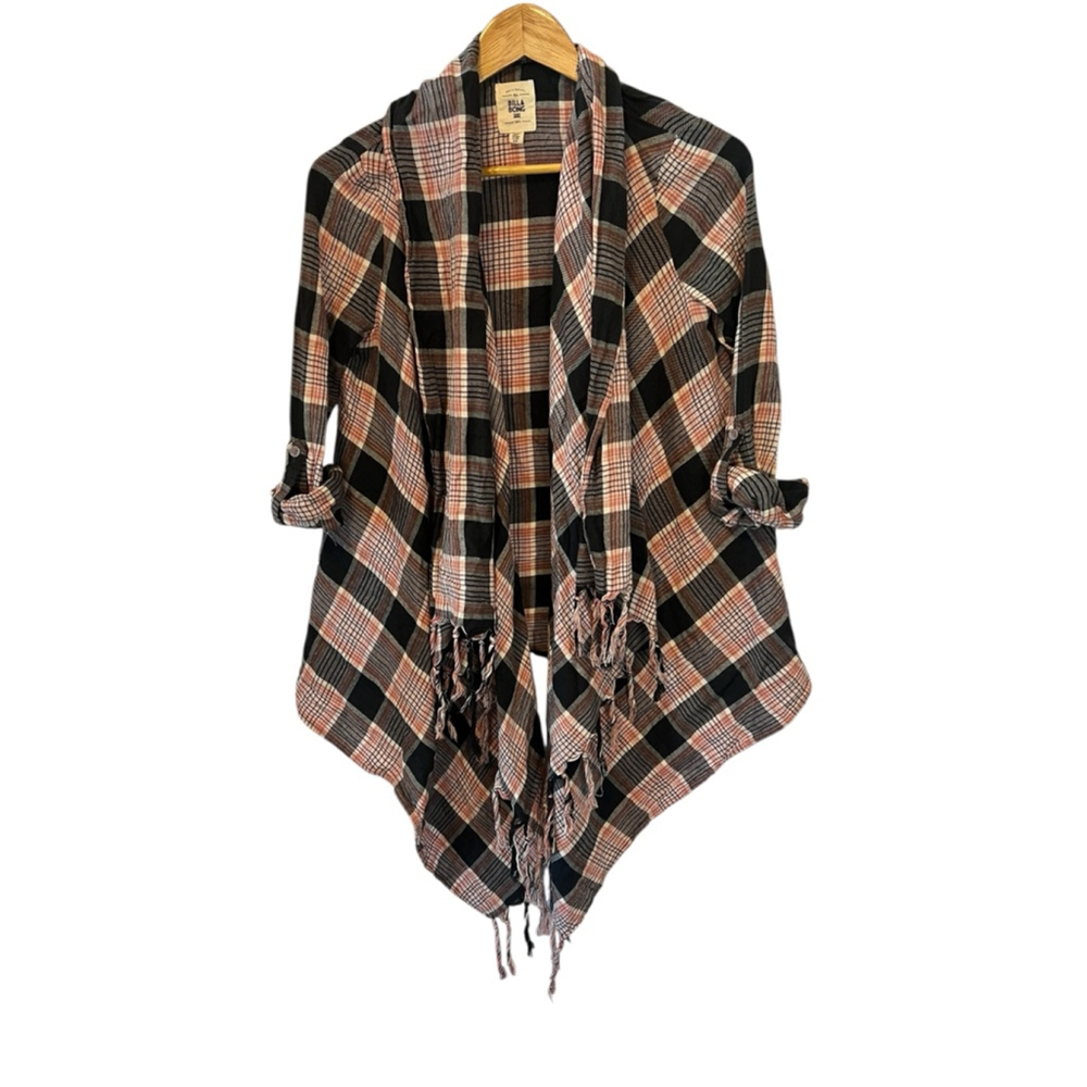 Billabong Plaid Open Front Cardigan S Fringe Draped Boho Lightweight Layer
